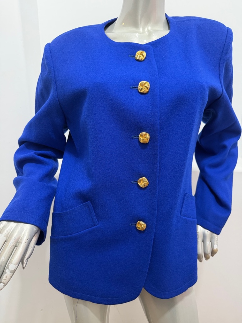 Lilli Ann Vintage Royal Blue Collarless Tailored Gold Button Blazer Jacket